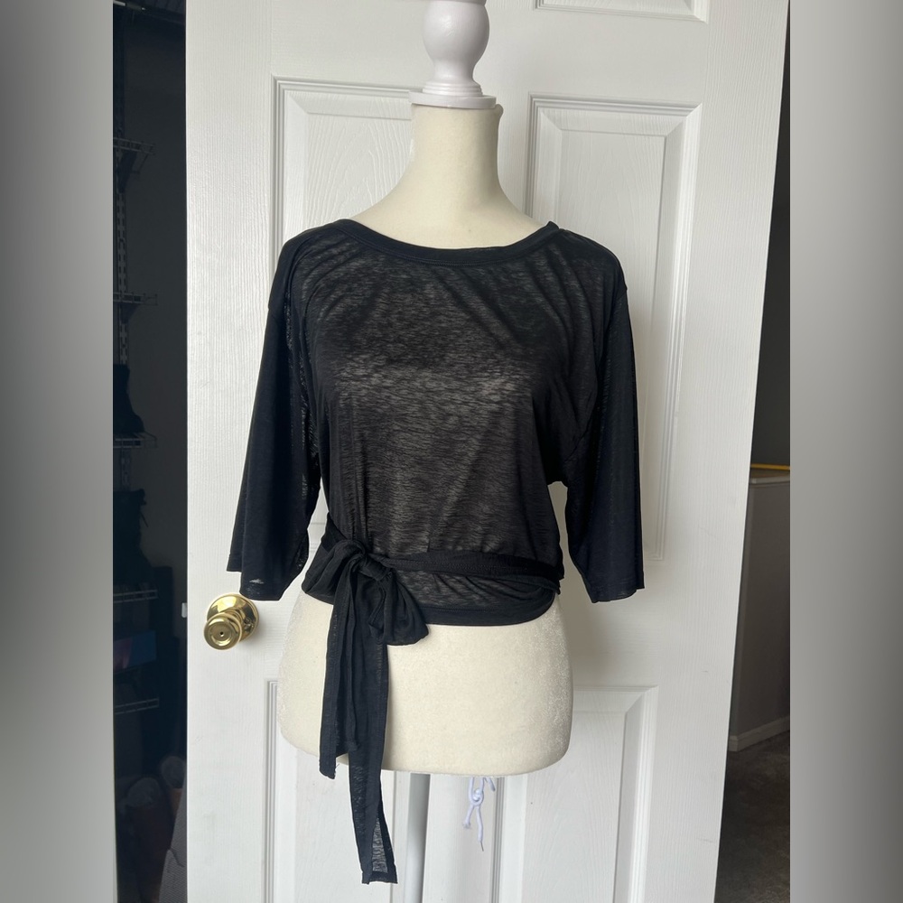 Fabletics Sheer Black Short Sleeve Tie-Waist Tee